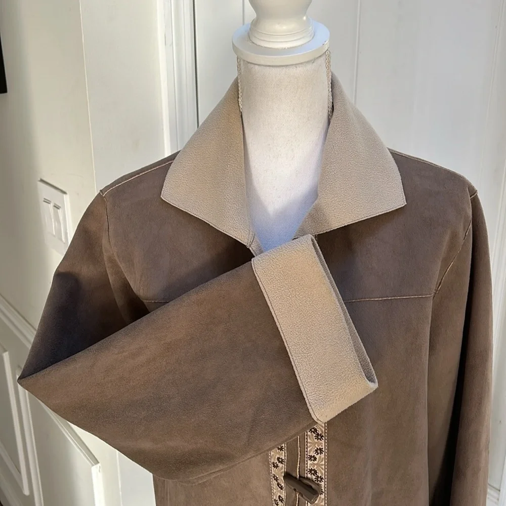 Alfred Dunner Womens Faux Suede Jacket Brown Embroidered Cottagecore‎ Size 12